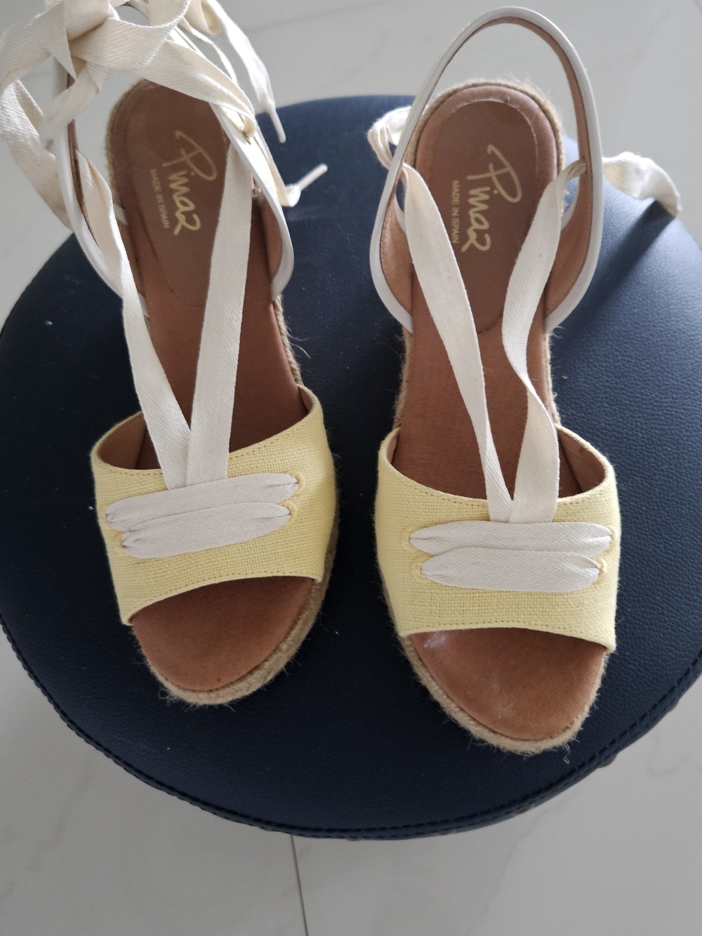 Ina Yellow Espadrille Wedge Sandals with Ivory Ankle Ties, Made In Spain, Size 8